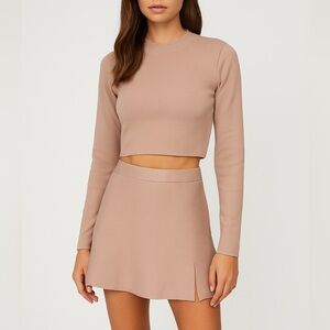 Mable Taupe Ribbed Knit Sweater & Mini Skirt Matching Set Size Large